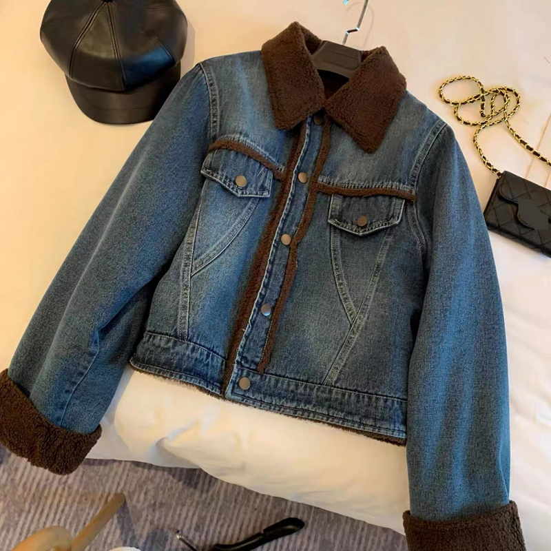 Women's Clothing French street style plus velvet thickened denim jacket for women spring and autumn age reducing cotton padded jacket_voghion.com