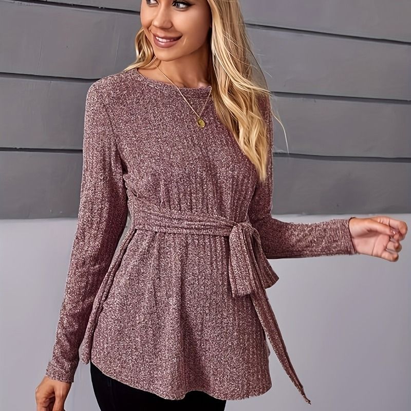 Camiseta de malha para gestantes, suéter texturizado suave e elegante com cinto, roupa de maternidade_voghion.com