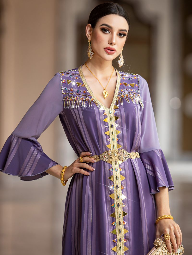 Women's Clothing V Neck Long Sleeve Muslim Handmade Beaded Dress_voghion.com