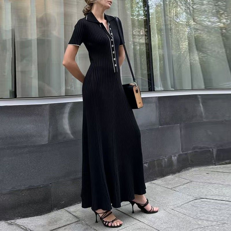 Robe en jean tricotée à manches courtes pour femme, nouveau style, jupe longue simple et élégante, robe pull amincissante_voghion.com