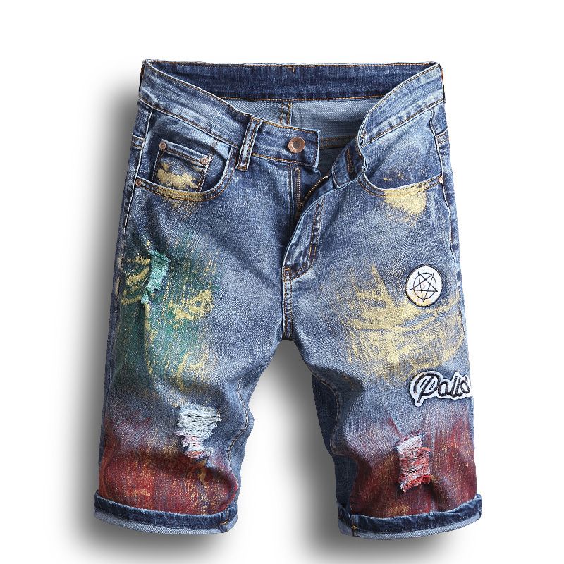 Shorts in denim da uomo personalizzati con schizzi di inchiostro dipinto_voghion.com