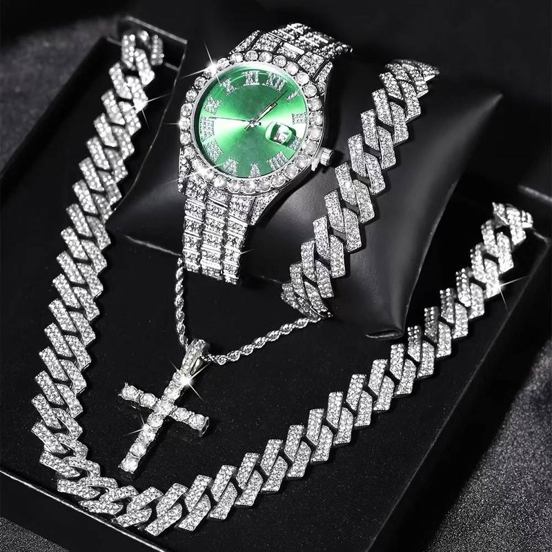 Watchbands 4pes Popular Diamond Studded Luxury Steel Band Submariner Quartz Watch Diamond Studded Hip Hop Men's Cuban Bracelet Set Watch_voghion.com