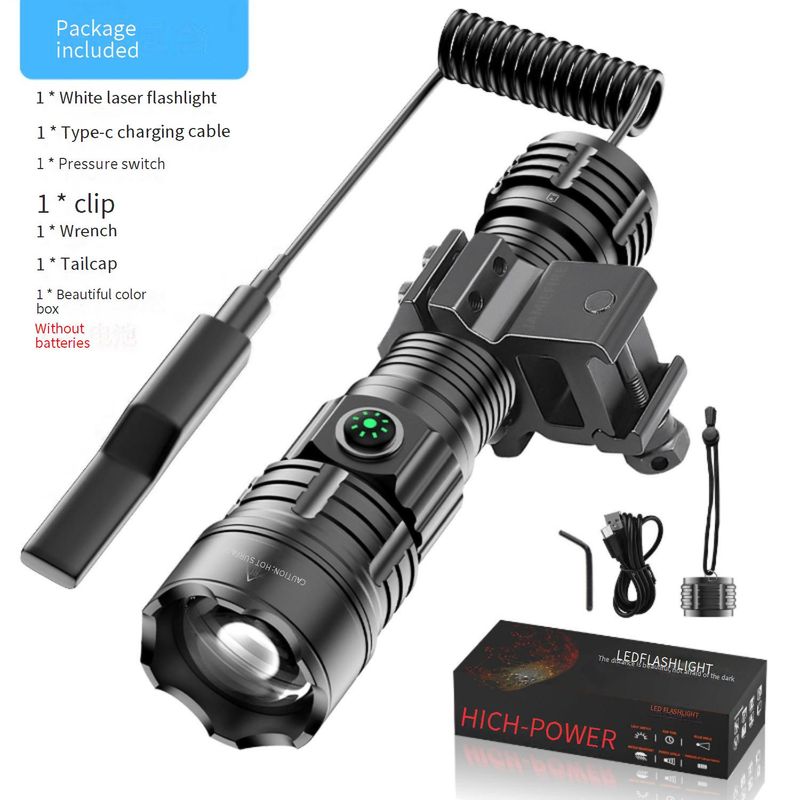 Tactical White Laser Flashlight - 5000 Lumens Zoomable LED With Type-C Fast Charging, Rechargeable Search Light For Outdoor, Hunting, Emergency_voghion.com