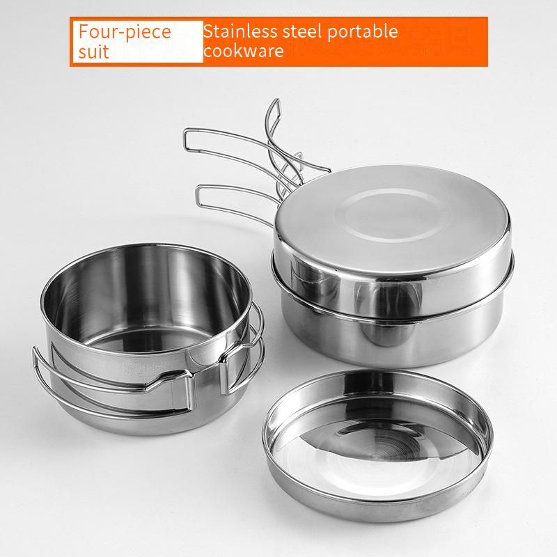 Camping-Kochgeschirr-Set aus Edelstahl, 4-teilig, tragbar, für den Außenbereich, inkl. Topf, Pfanne, Deckel, kompakt und leicht_voghion.com