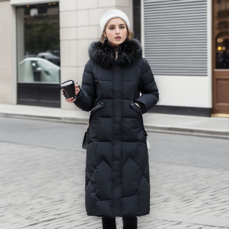 Cotton mid-length fashion slim over-the-knee big fur collar thickened cotton jacket trendy women's clothing_voghion.com