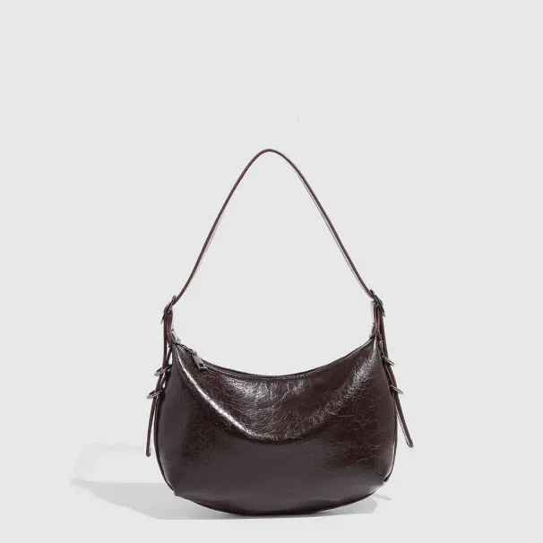 Soft Leather Metallic Shoulder Pin Buckle Motorcycle Dumpling Zipper Handbag Commuter Underarm Women's Bag_voghion.com
