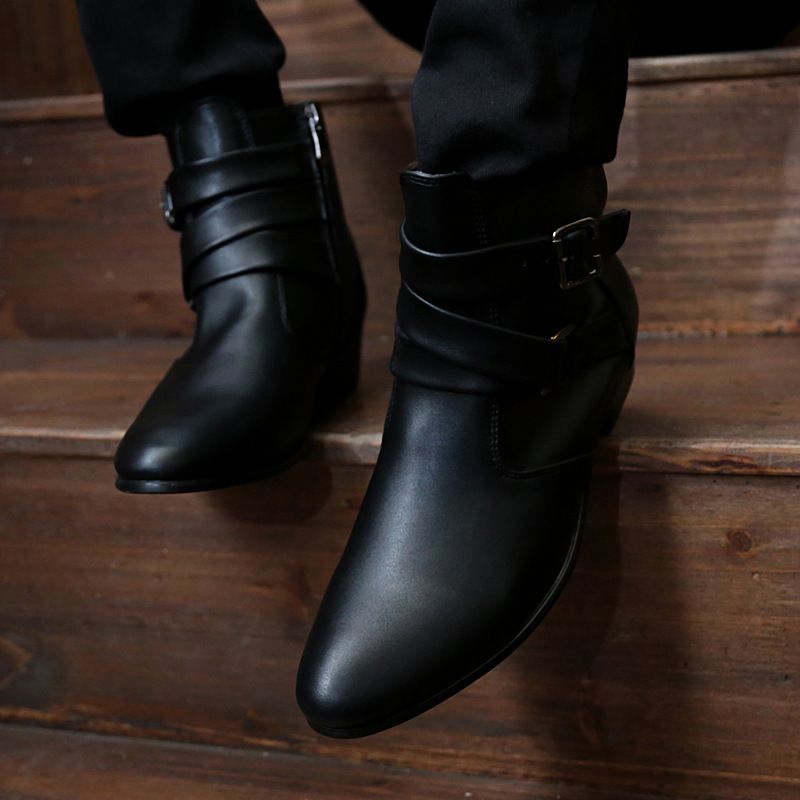  Men Pointed Toe Short Boots Chunky Heel Side Zipper Leather Booties Fashion High Top Pointed Toe Shoes _voghion.com