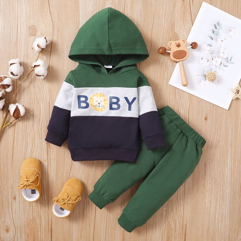 Vêtements pour bébés de 0 à 2 ans, pull à capuche avec lettres imprimées de dessin animé lion, couleur unie, pantalon élastique_voghion.com