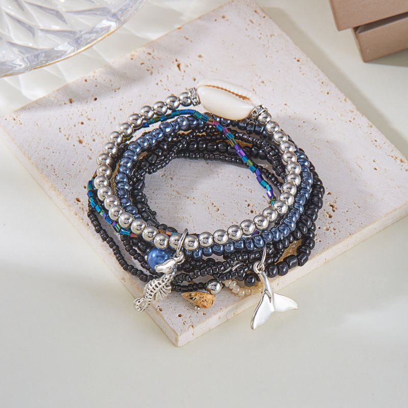 Böhmisches Armband-Set mit Delfin- und Schildkröten-Seepferdchen-Muschel, Glasperlen_voghion.com