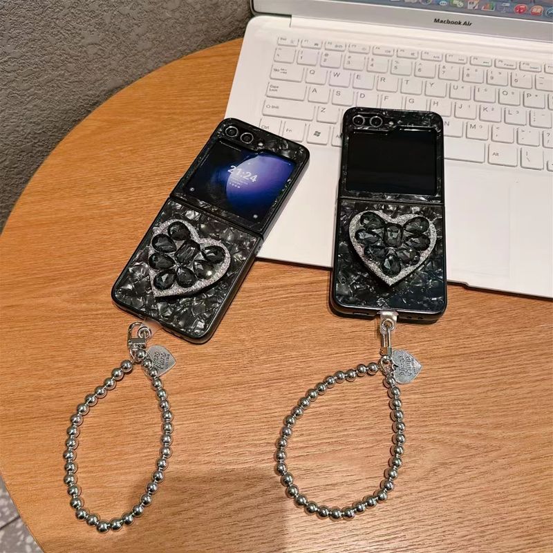 For Samsung Galaxy Z Flip 3 4 5 5G Luxury Shell Diamond Stone Crystal Heart Holder Stand Wrist Chain Strap Phone Case Cover_voghion.com