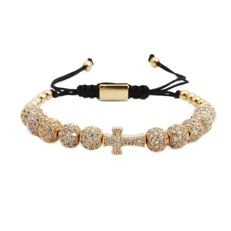 Jewelry & Accessories hot sale hand woven adjustable micro inlaid 8mm zircon ball cross charm hand woven lace bracelet_voghion.com