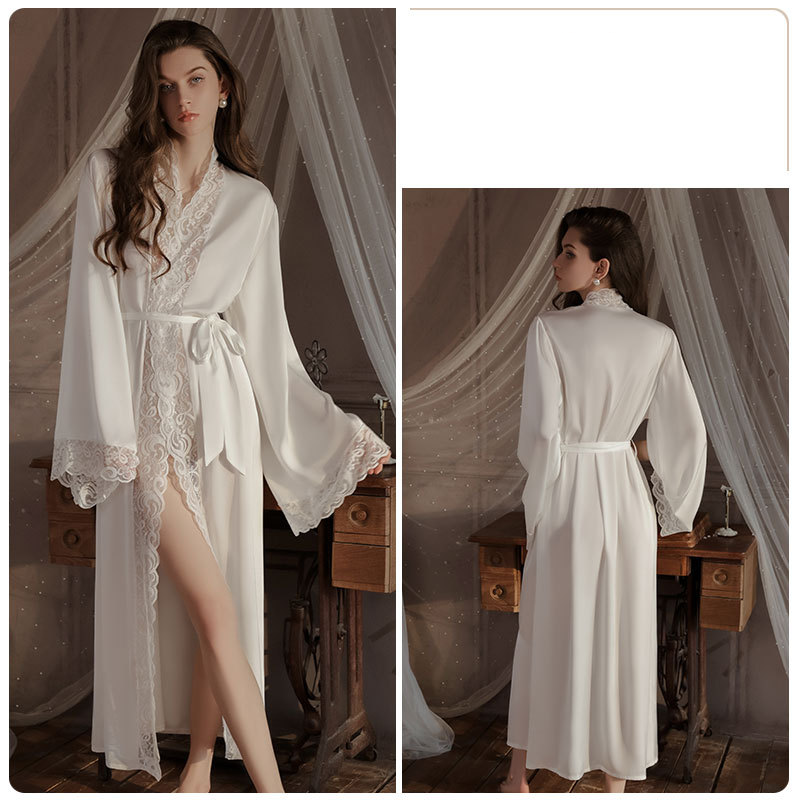 Women's Clothing Guiruo Ladies Pajamas Silky Satin Stitching Lace Long Robe Belt Home Clothes Large Size Suit_voghion.com
