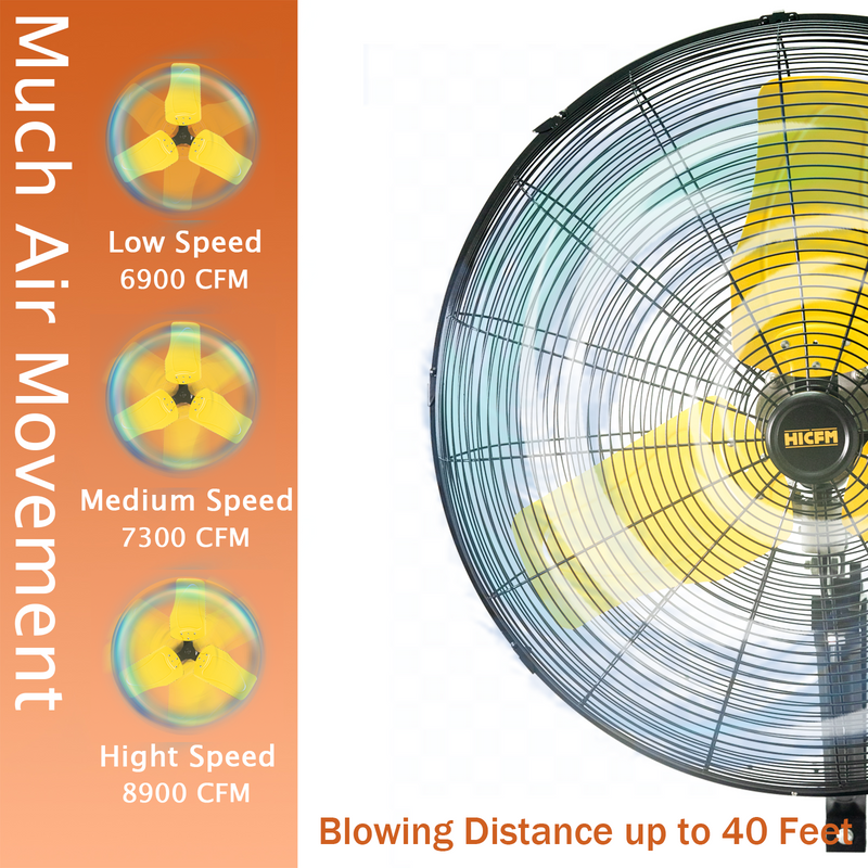 FAN-OW24S 24" Oscillating Wall Fan, 8900 CFM High Velocity Industrial Wall Mounted Heavy Duty Shop Fans With 3 Speed Settings 80° Oscillation_voghion.com