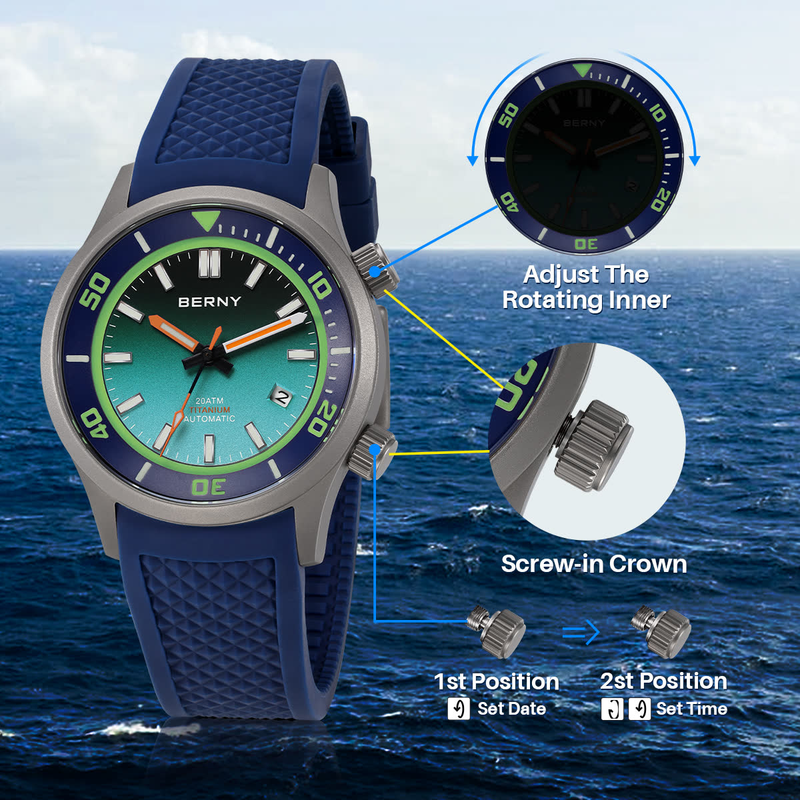 Orologi subacquei automatici BERNY da uomo, impermeabili fino a 20 ATM, in titanio, con data, cinturino in silicone super luminoso, vetro zaffiro, orologio meccanico analogico_voghion.com