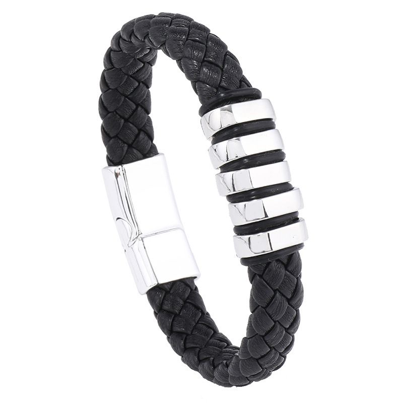 Bracciale Hip Hop da uomo in pelle intrecciata, fatto a mano, con fibbia magnetica in lega semplice_voghion.com