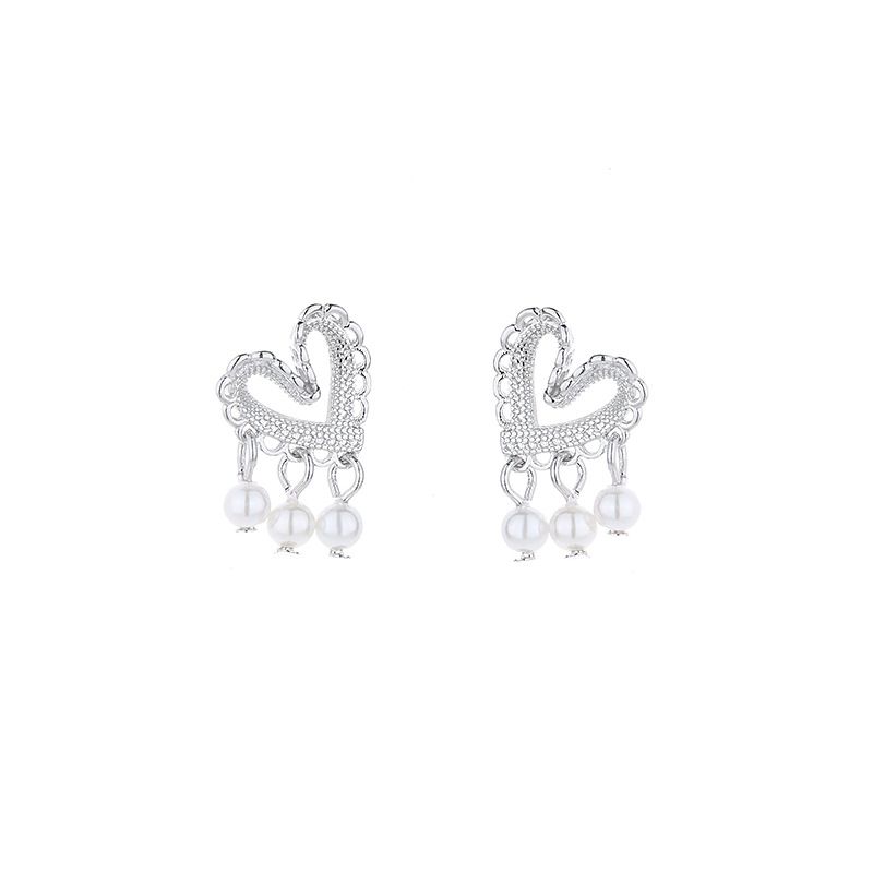 Sterling VENUS Sier Hollow Asimetrik Aşk İnci Fransız Küpe Retro Takı_voghion.com