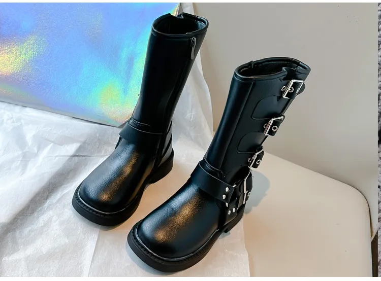 Kids' shoes Children's Martin boots 2024 autumn and winter new style baby girl fashion metal buckle high boots retro genuine leather Martin_voghion.com