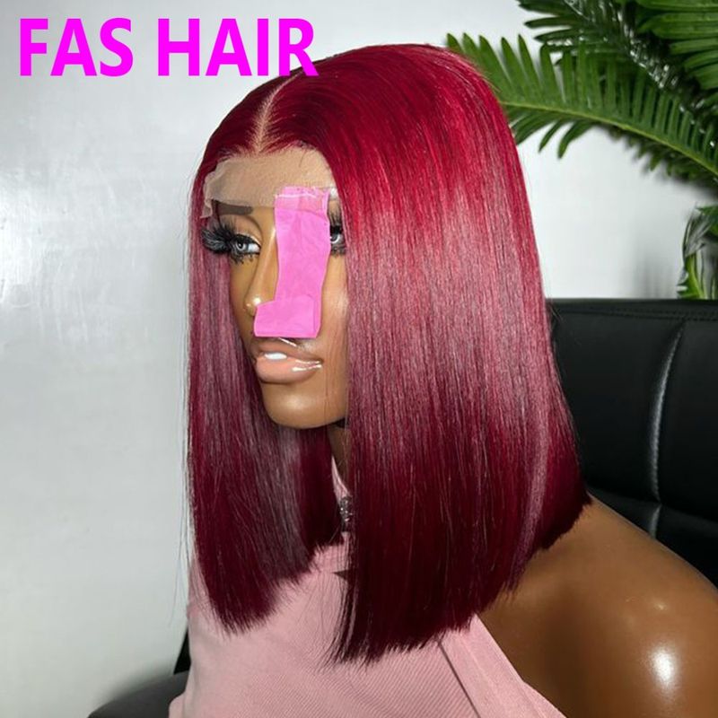 Parrucca Bob liscia come l'osso - 100% capelli umani, colore bordeaux #99J (parte anteriore in pizzo senza colla, resistente al calore, densità 180%, vestibilità europea e americana)_voghion.com