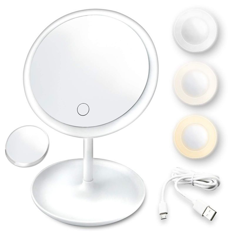 LED Makeup Mirror With Light Lamp With Storage Desktop Rotating Cosmetic Mirror Light Adjustable Dimming USB Vanity Mirror_voghion.com