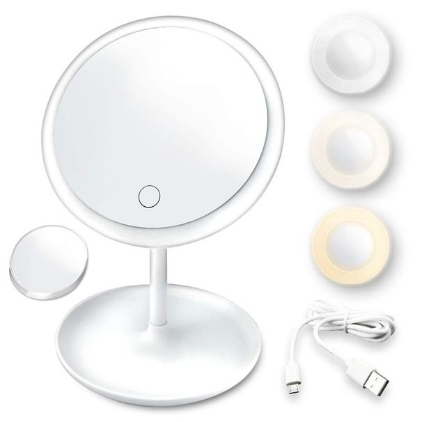 LED Makeup Mirror With Light Lamp With Storage Desktop Rotating Cosmetic Mirror Light Adjustable Dimming USB Vanity Mirror_voghion.com