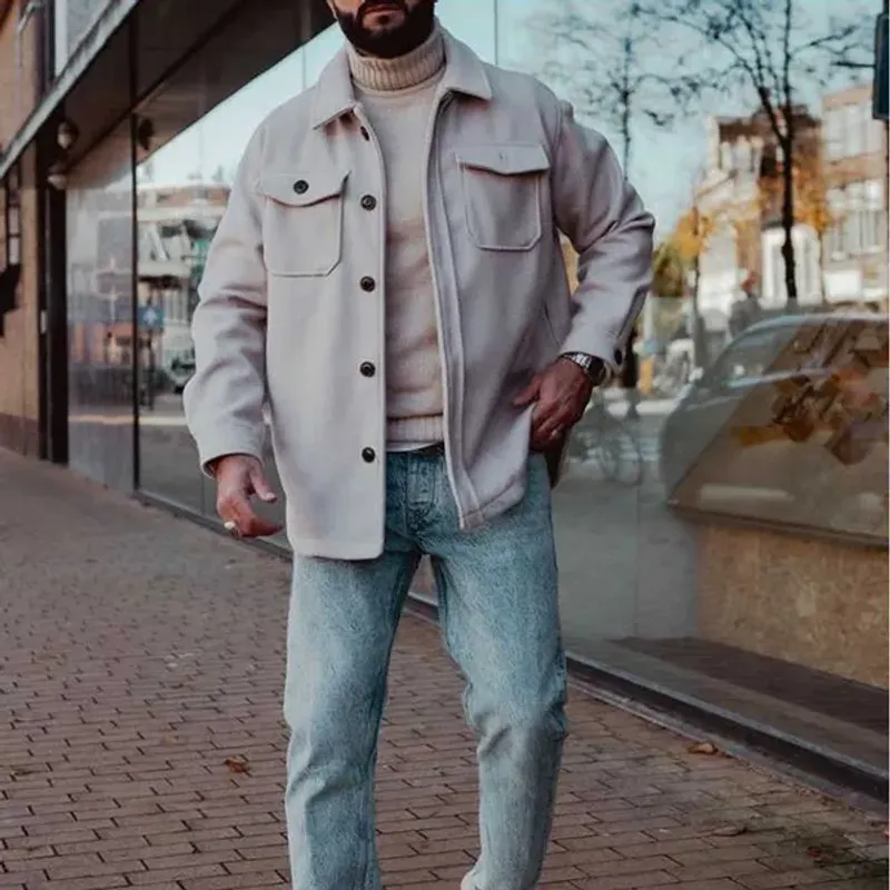 Men's Faux Fur Autumn Men Jackets Fashion Solid Long Sleeve Buttoned Turn-down Collar Coats Casual Mens Clothes_voghion.com