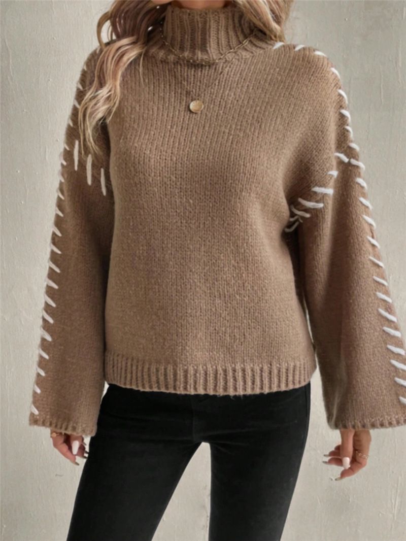 Damenbekleidung Langärmliger lässiger lockerer Strickpullover Hoher Kragen Kontrastfarben-Design Pullover_voghion.com