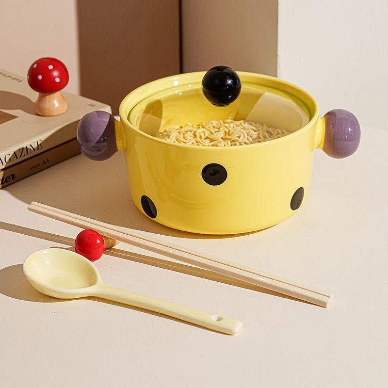 Cute Wave Dot Instant Noodle Bowl With Cover For Student Dormitory Instant Noodle Bowl Rice Bowl Double Ear Ceramic Soup Bowl Luosifen Bowl_voghion.com