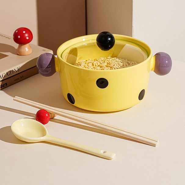 Cute Wave Dot Instant Noodle Bowl With Cover For Student Dormitory Instant Noodle Bowl Rice Bowl Double Ear Ceramic Soup Bowl Luosifen Bowl_voghion.com