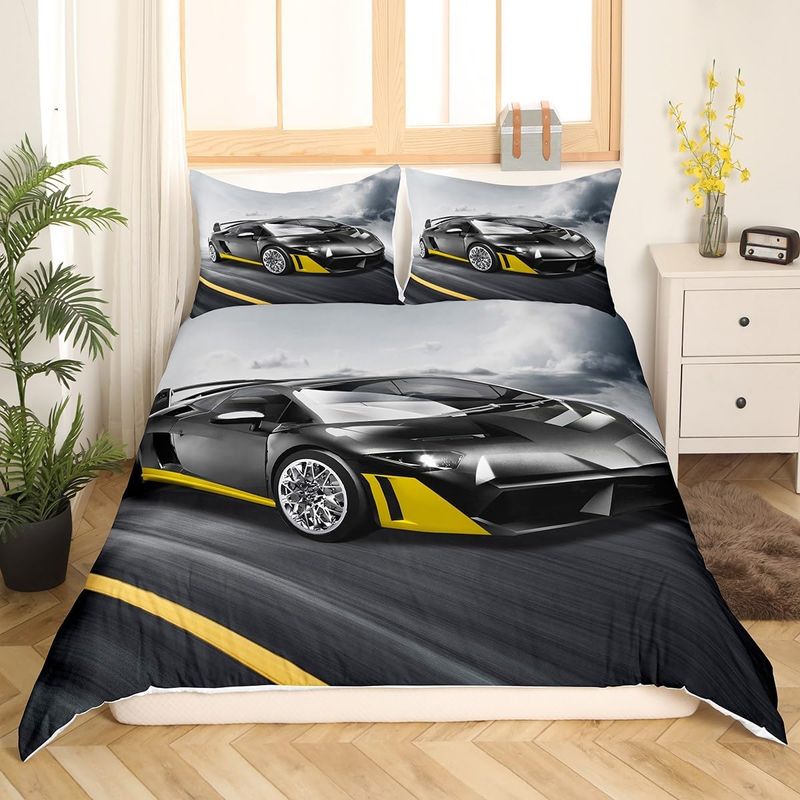Poszewka na kołdrę w kształcie samochodu wyścigowego Queen Size dla dzieci chłopców nastolatków Cool Speed Racing Car Automobile Print Sports Game Theme Poszewka na kołdrę, dekoracyjna szaro-czarna_voghion.com
