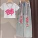 Nuovo design per abbigliamento estivo per bambine 2025 - Jeans a maniche corte con foro e graffiti in stile coreano per bambine di taglia grande_voghion.com
