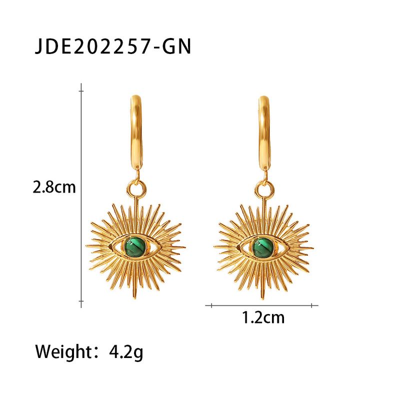 INS internet celebrity titanium earring, tainle teel gold-plated green peacock turquoie hollow devil' eye_voghion.com