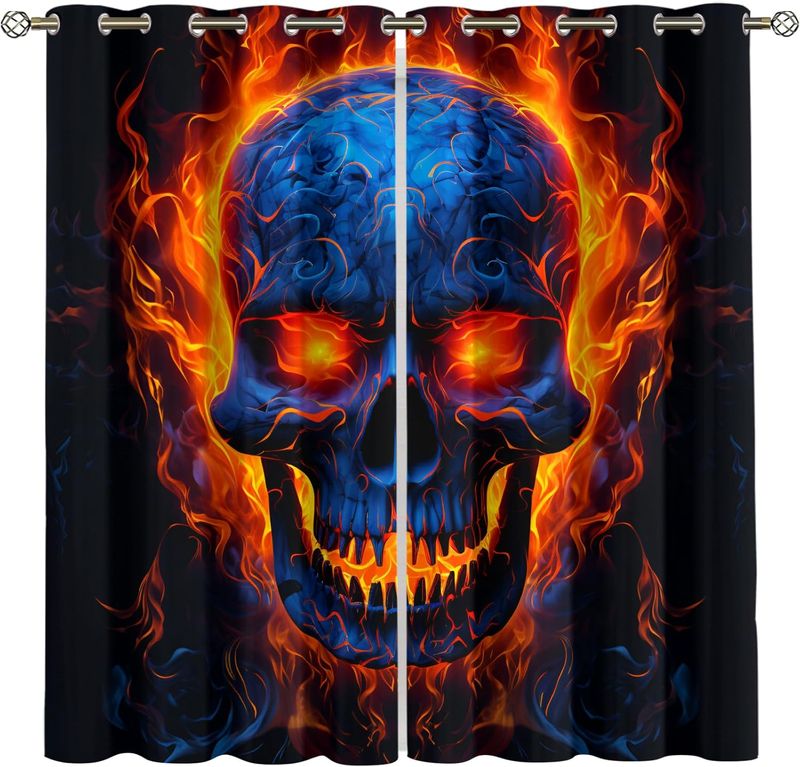 Red Flame Gothic Skull Blackout Curtains, Horror Skeleton Blue Cool Abstract Patterned Curtains, Thermal Insulated Blackout Curtains_voghion.com