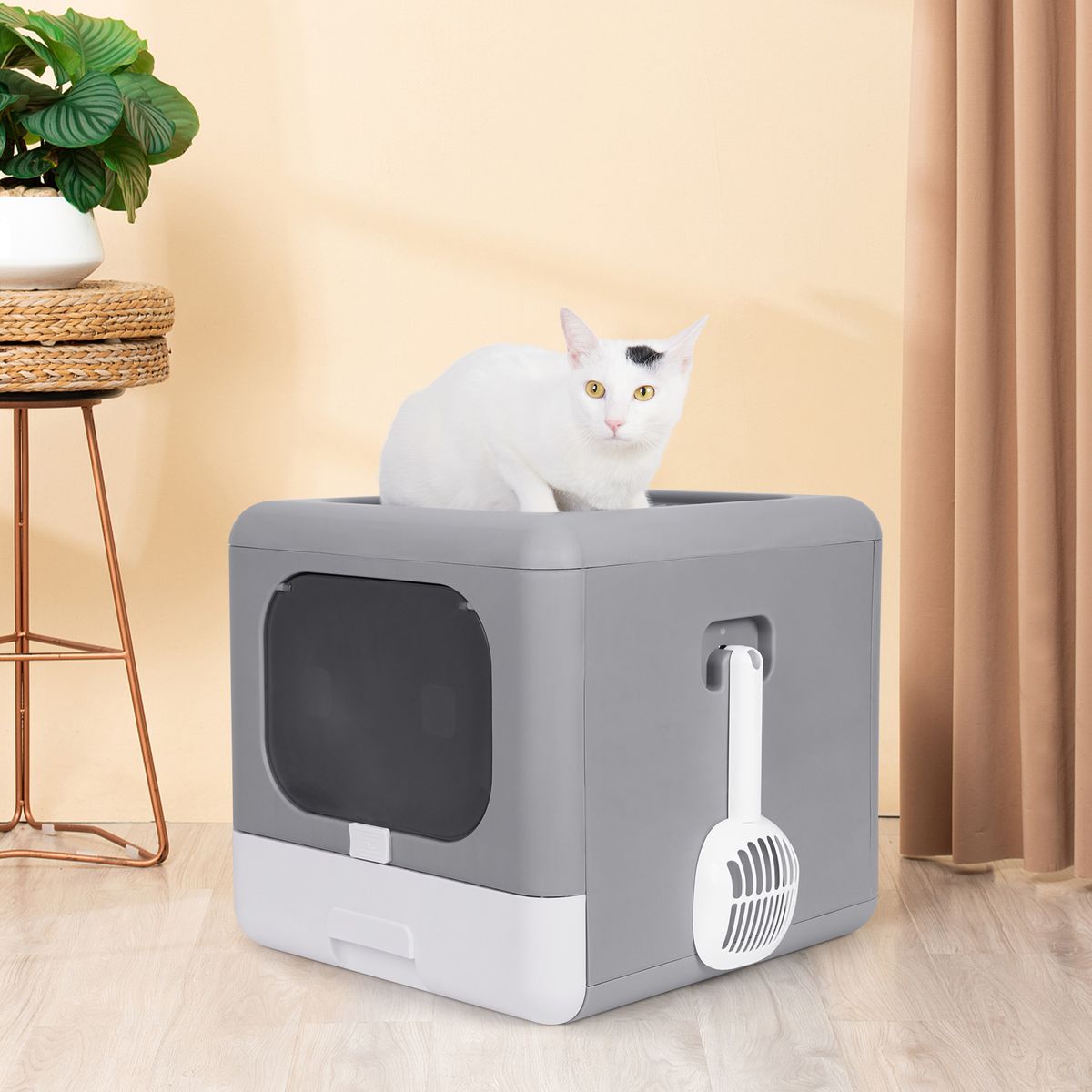 Cat Litter Box Foldable Top Entry Litter Box with Cat Litter Scoop Drawer for Medium and Large Cats_voghion.com