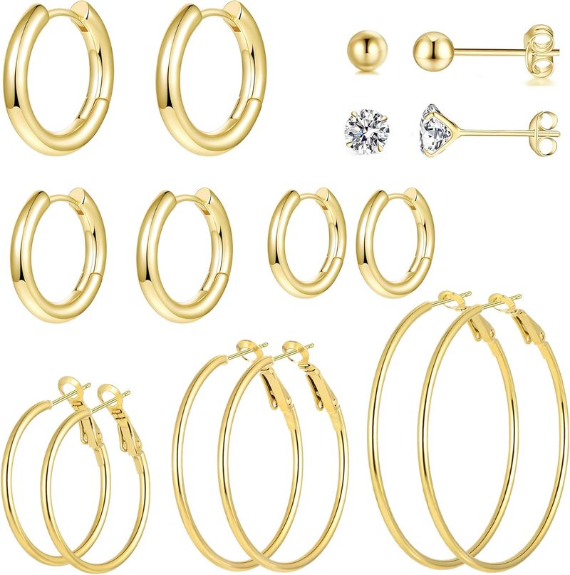 Orecchini a cerchio Huggie in oro 14k ipoallergenici, leggeri, con piccole sfere in zircone cubico e parte posteriore piatta, confezione da 10 per piercing multipli._voghion.com