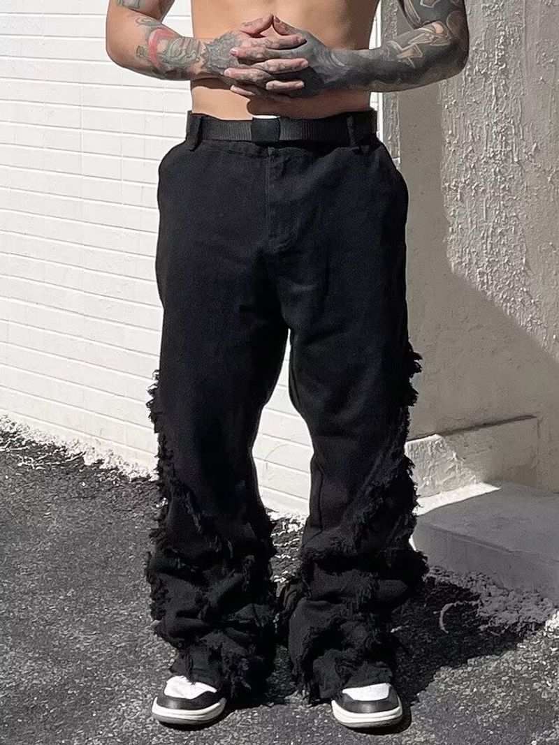 abbigliamento maschile stile vibe design strutturale jeans con bordo grezzo uomo hiphop dritto svasato retrò pantaloni lunghi_voghion.com