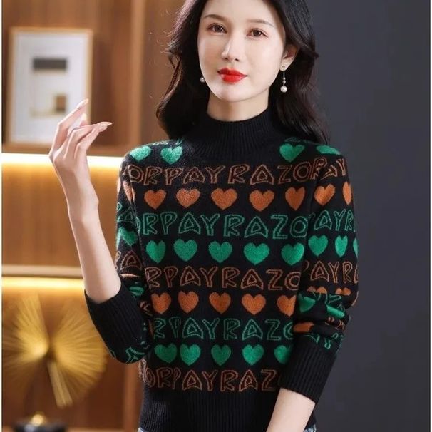 【 Cashmere Family 】 Halbhoher, kurzer, lockerer und dicker Jacquard-Strickpullover für Damen mit Wollunterseite, Innenschicht_voghion.com