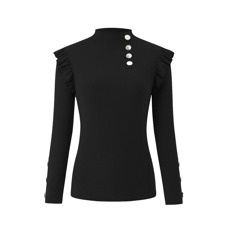 Camisetas con volantes y rayas con botones y manga larga para mujer_voghion.com