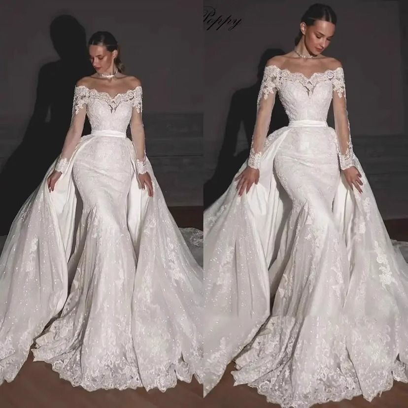 Elegant Off-the-Shoulder Lace Wedding Dress With Sweep Train & Open Back – Plus Size Inclusive_voghion.com