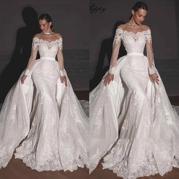 Elegant Off-the-Shoulder Lace Wedding Dress With Sweep Train & Open Back – Plus Size Inclusive_voghion.com