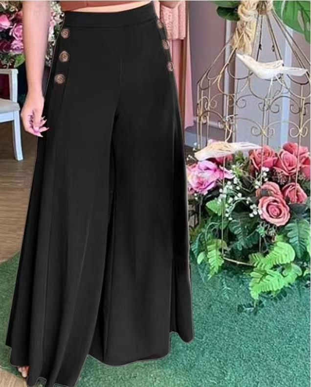 European and American New Long Pants Women's Button Elastic High Waist Wide Leg Pants_voghion.com