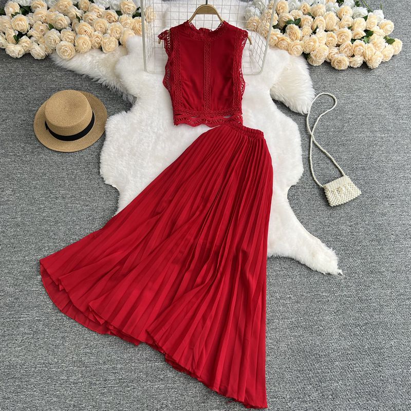 Urlaubsanzug fürs Meer, Neujahr, Damen, Spitzenoberteil, hohe Taille, schmaler, plissierter Chiffonrock, zweiteiliger Anzug_voghion.com