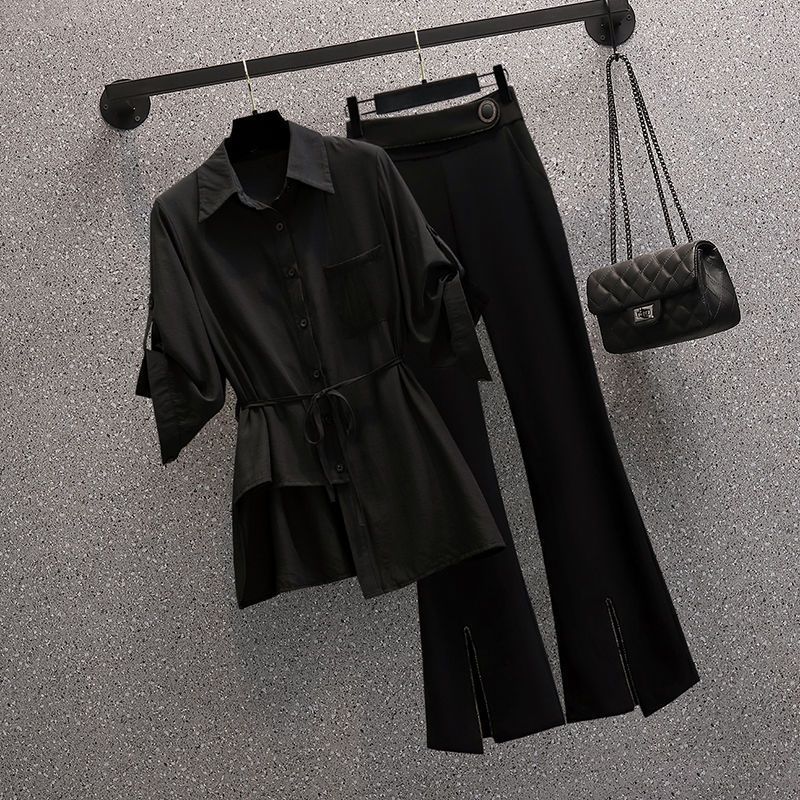 Damenbekleidung Sommerkleidung für Damen in Übergröße für dicke Mädchen, schlank und schick, unregelmäßiges mittellanges weißes Hemd, Schlaghose, zweiteiliger Anzug_voghion.com