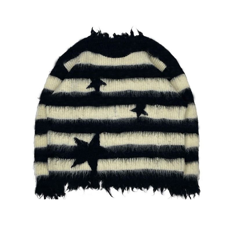 Pull en tricot étoiles et rayures - Pull d'Halloween surdimensionné avec texture en fausse fourrure_voghion.com
