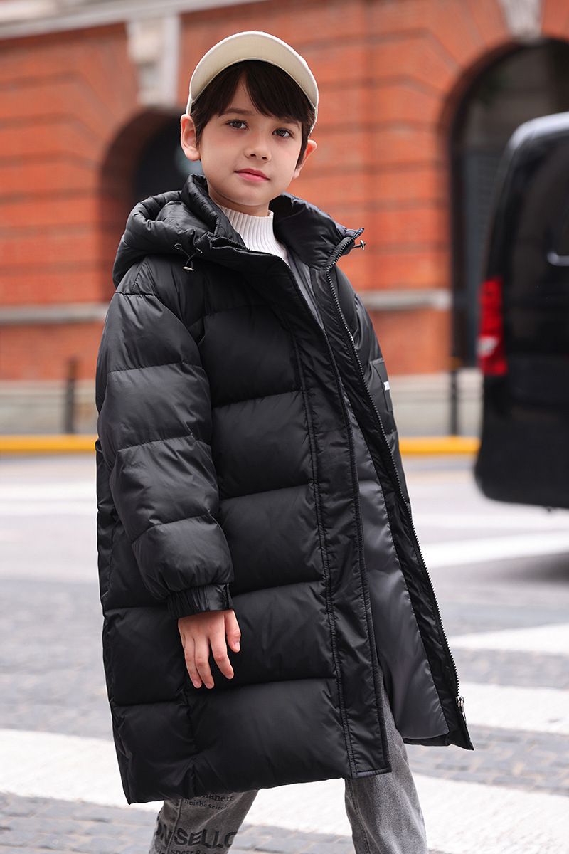 Boys' Long Down Jacket With Hood - Warm Winter Coat For Kids, Soft & Lightweight 50%-55% White Duck Down, Water-Resistant Shell, Stylish Zipper Design_voghion.com