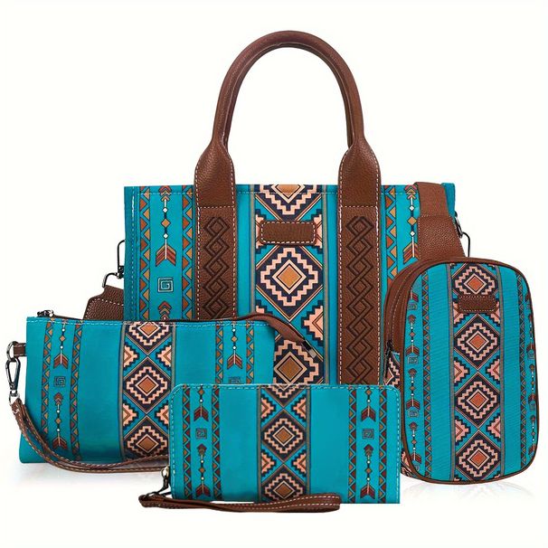 4Pcs Women's Purse Tote, Retro Work Satchel Lightweight, Boho Chic Tote Everyday Green_voghion.com