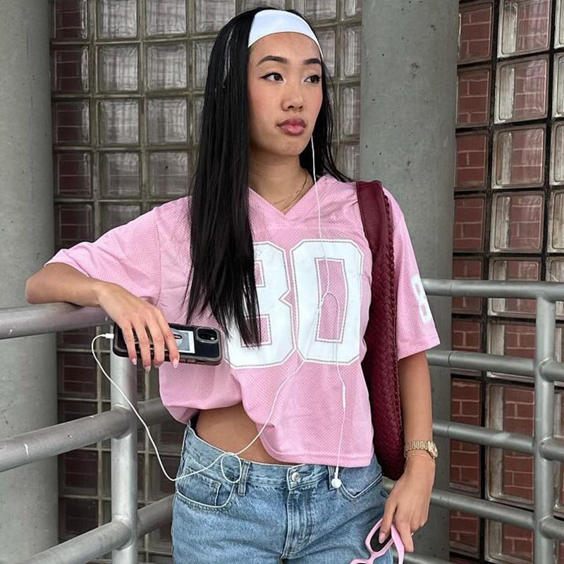 [Jersey] Camiseta deportiva de verano para mujer, nueva, con estampado digital, de secado rápido, holgada, con cuello en V_voghion.com