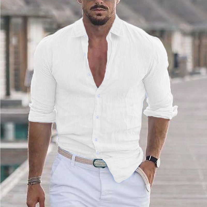 2023 Neue Herren Sommer Baumwolle und Polo Neck Strand Shirt Langarm Solide Hawaiian Urlaub Kleidung_voghion.com