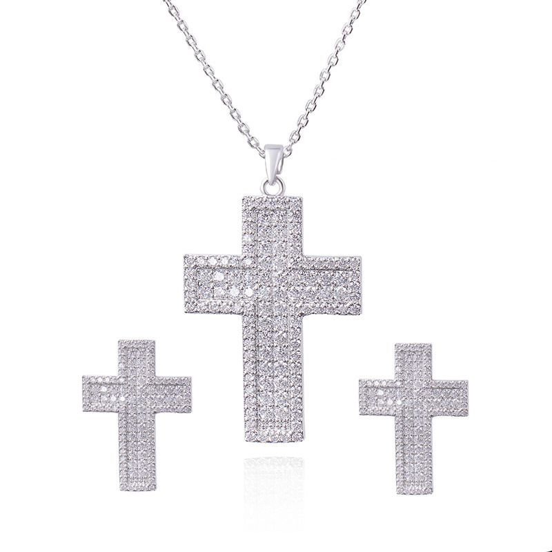 Micro Gepflasterte Zirkon Kreuz Hip Hop Piker Punk Stil Ohrringe Halskette Schlüsselbein Kette Nachtclub Zubehör Für Frauen_voghion.com