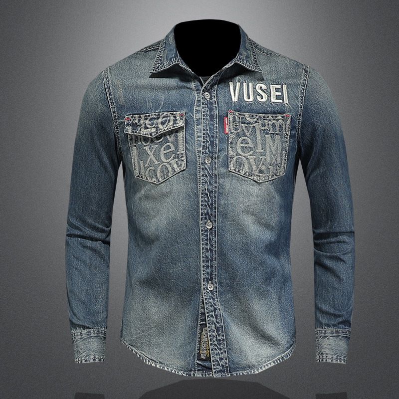 Ropa de hombre Camisa vaquera bordada para hombre Camisa vaquera lavada Vintage con personalidad para hombre_voghion.com