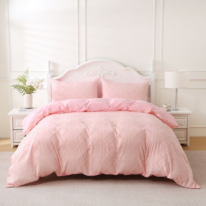 Pink Diamond Striped Tufted Duvet Cover Set - 3-Piece Luxury Bedding (Soft & Breathable King/Queen Size Wrinkle-Resistant)​_voghion.com